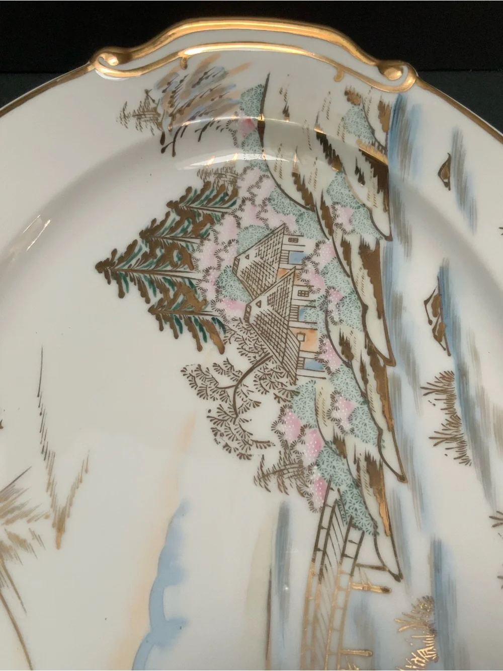 Vintage Hand-painted Kutani Porcelain 15” oval serving platter, Gold Trim, Japan